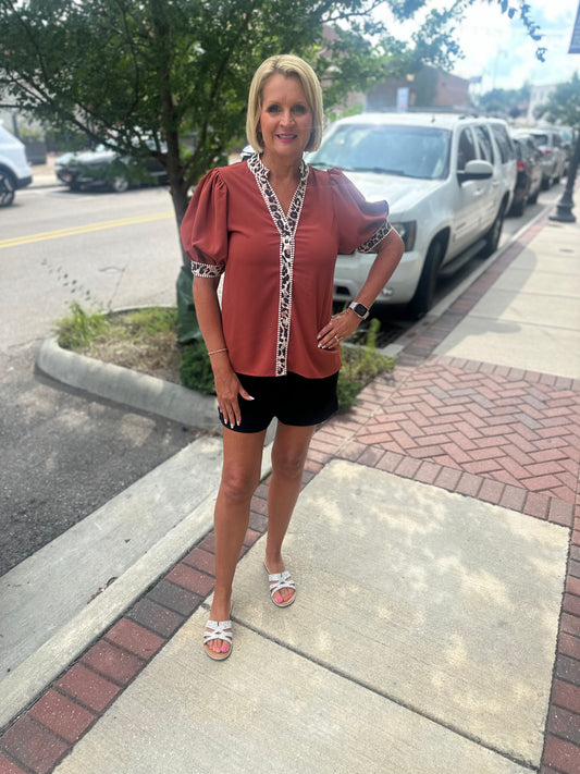 Rust Colored Animal Trim Button Down Top