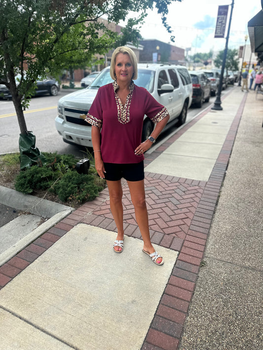 Burgundy Top with Animal Trim