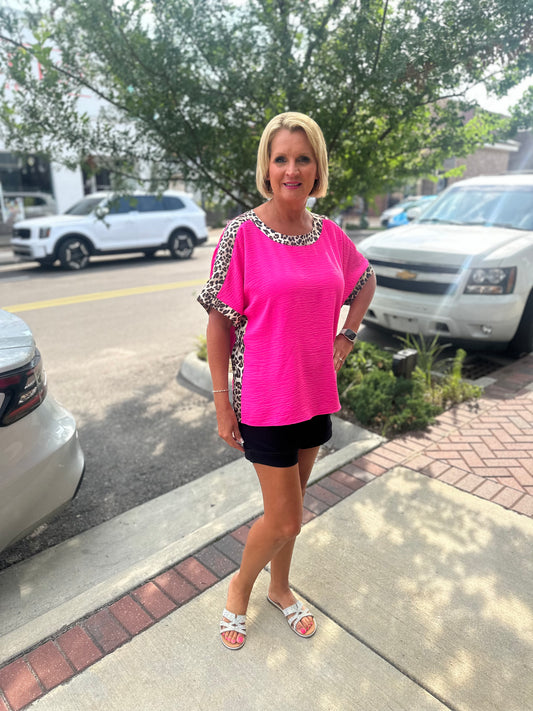 Hot Pink Leopard Trim Top