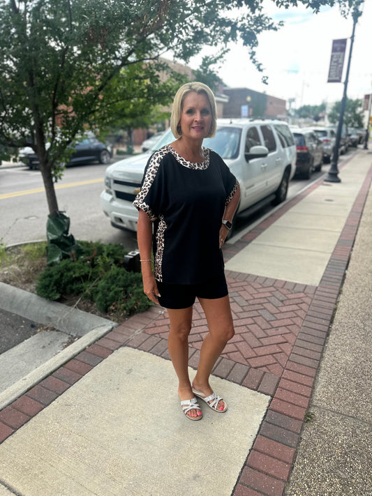 Black Leopard Trim Top