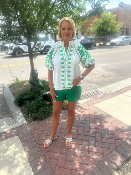 Embroidered Puff Sleeve Textured Top