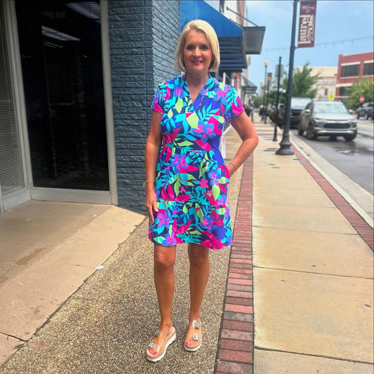 Natalia Tiered Dress, Navy Mix