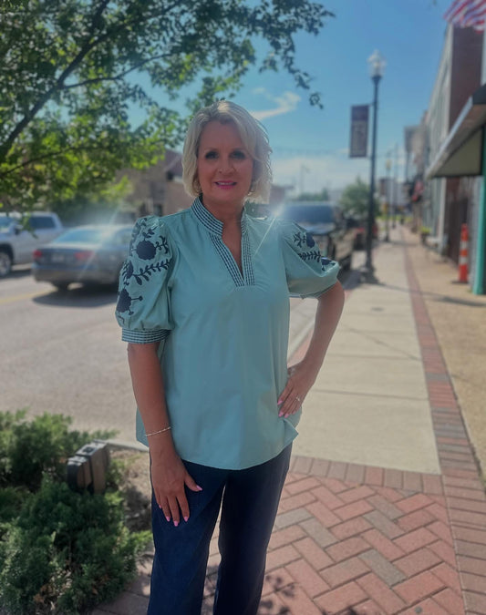 Sage Top W/ Navy Details