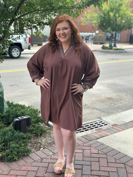 + V-Neck Sheer Trim Shift Dress