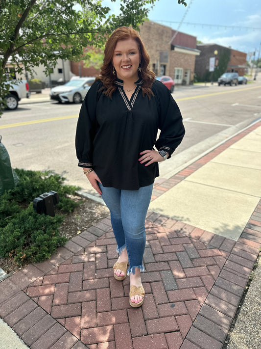 +Puff Sleeves V Neck Collared Top