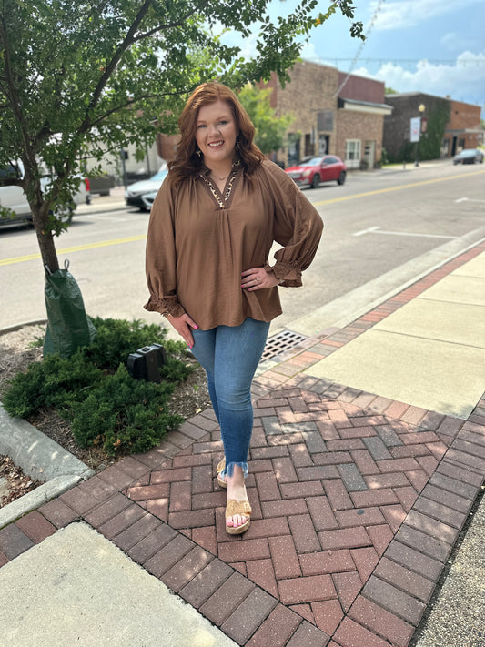 +Leopard Trim V-Neck Blouse