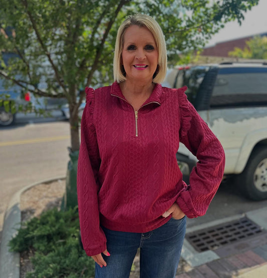Burgundy Cable Knit Ruffle Shoulders Top