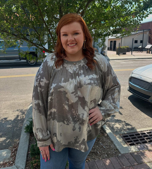 +Metallic Fabric Blouse with Balloon Sleeves