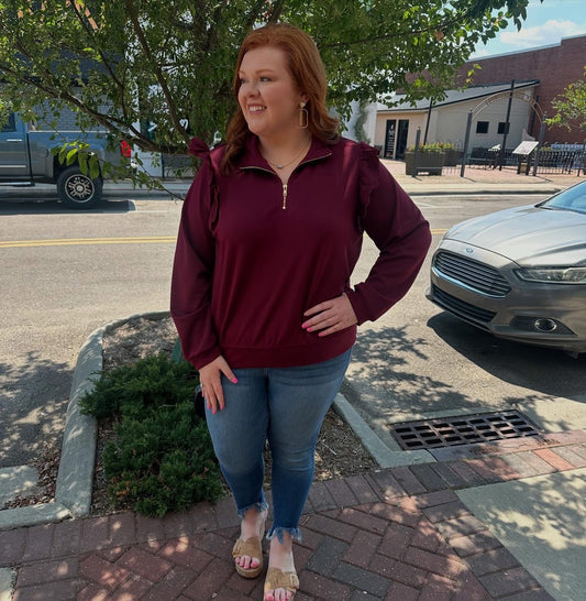 +Luxeknit Ruffle Shoulder Quarter-Zip Pullover