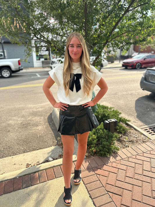 Black Leather Pleated Skort