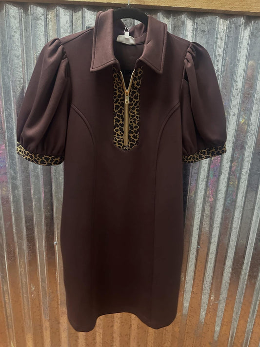 Brown Leopard Trim Dress