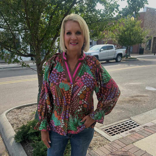 BROWN Floral Print V-Neck Top