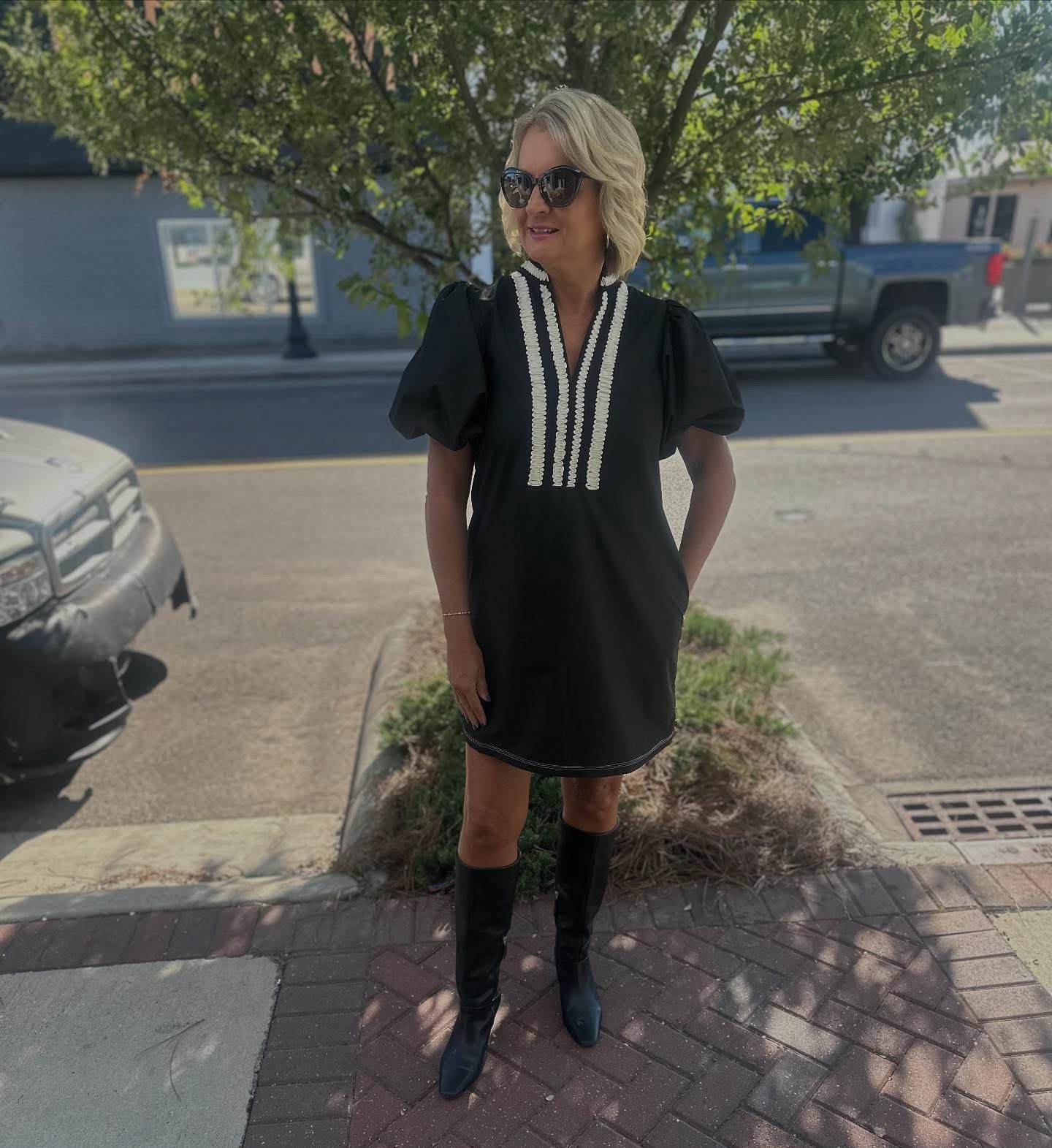 Embroidered Textured Dress, Black