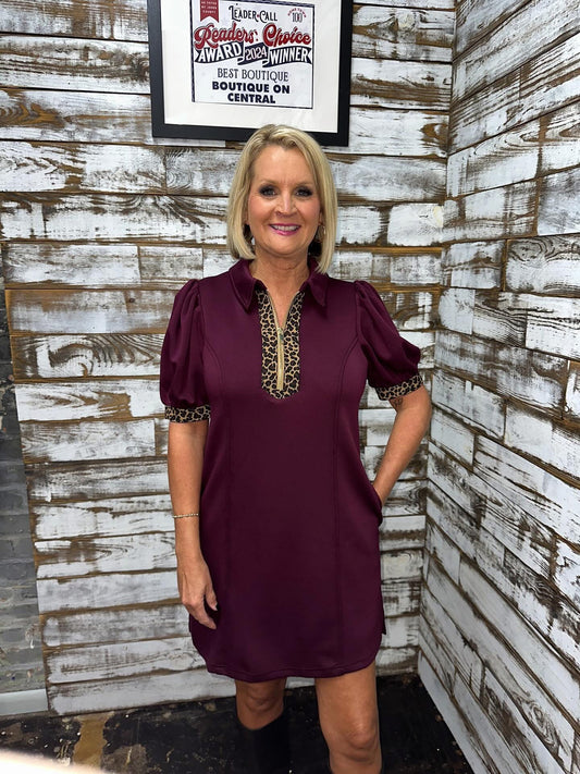 WINE LEOPARD TRIM DRESS