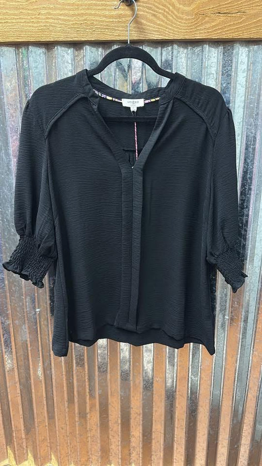 Black Solid Split Neck Top