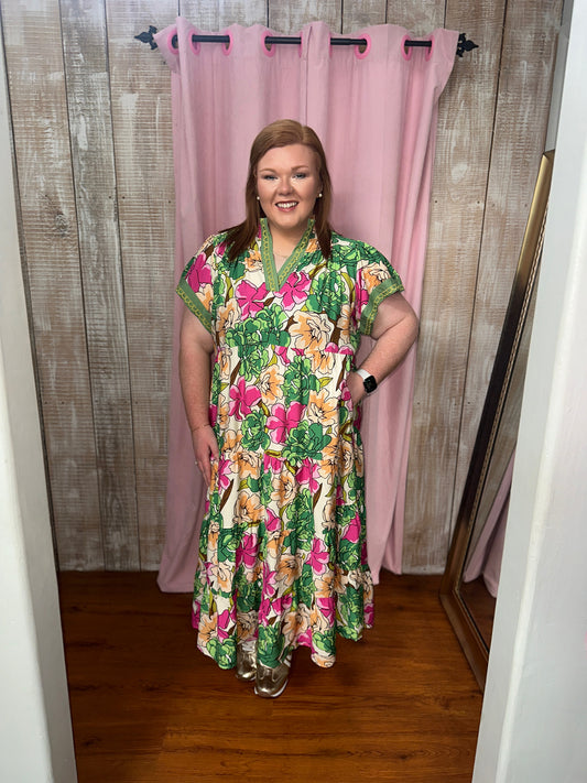 +Mix Bold Floral Tiered Midi Dress