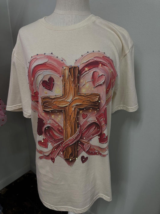 CROSS W/HEART BLING TEE