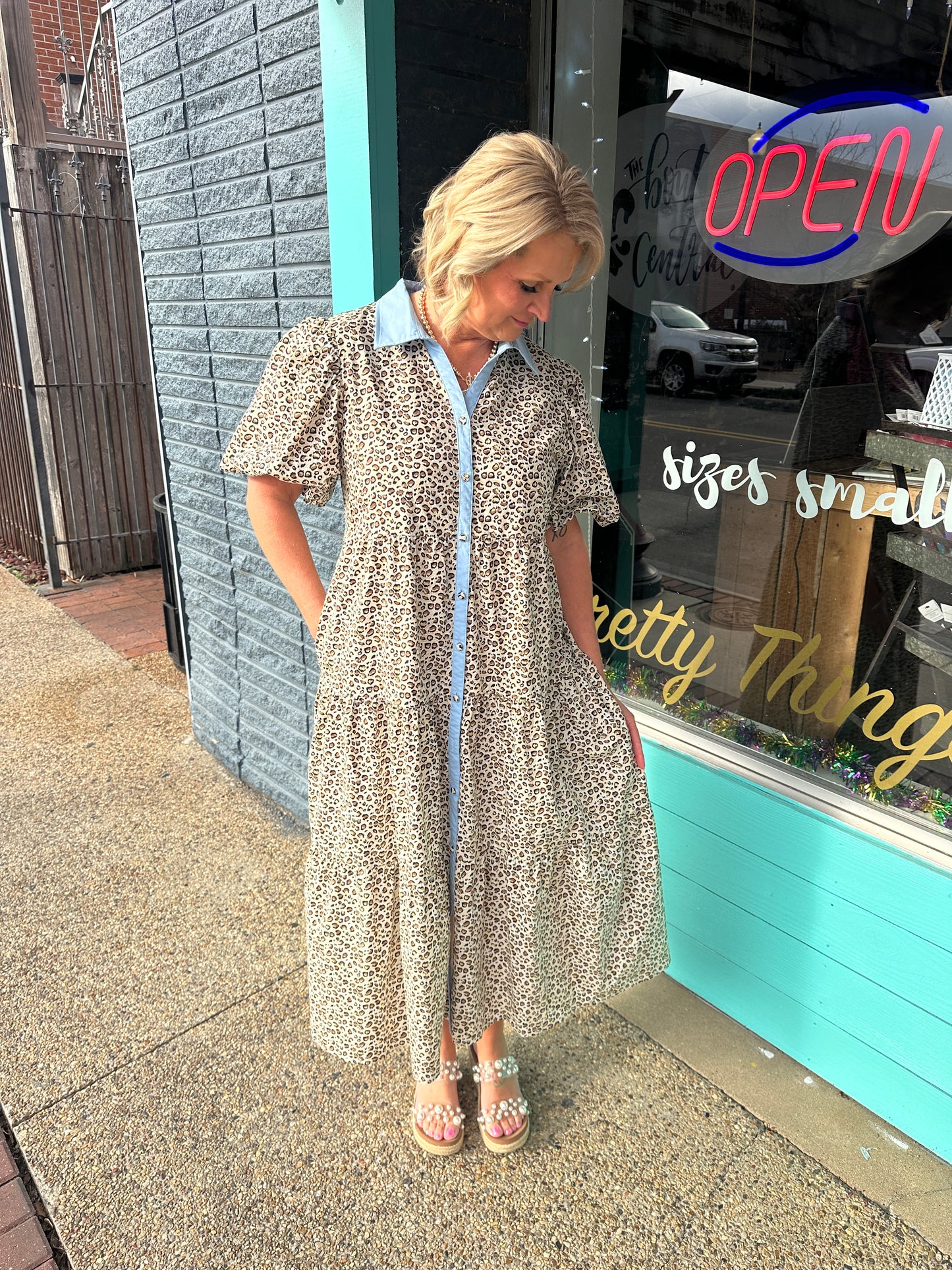 Leopard Puff Sleeve Button Down Dress