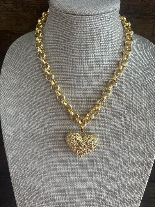 Gold Heart Textured Chain Necklace