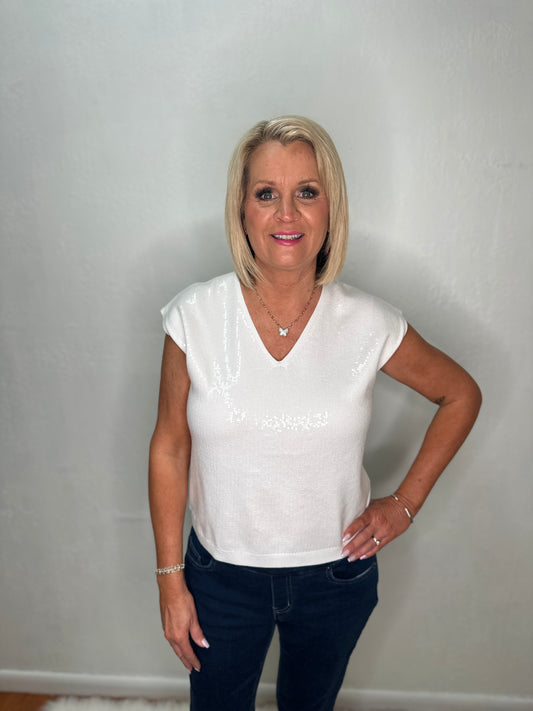Sequin Drop Shoulder Sweater Top, White