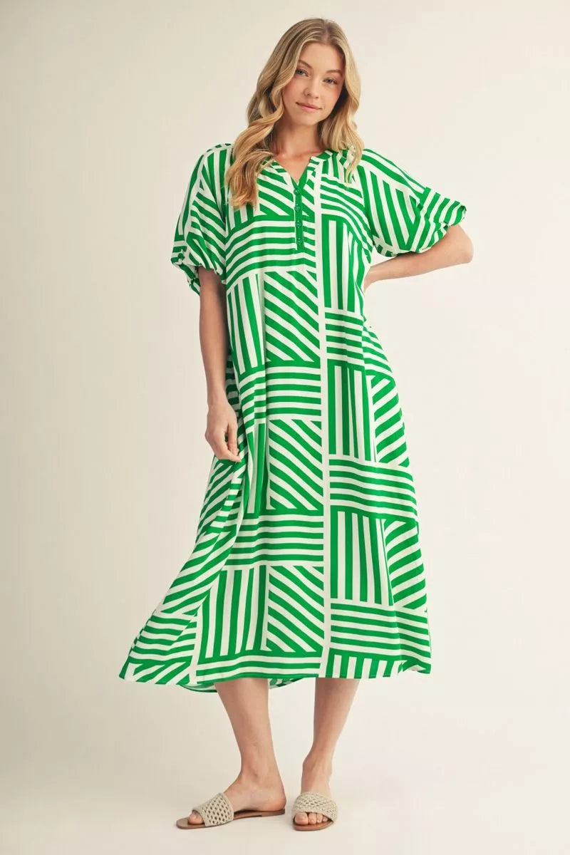 Kelly Green Geo Stripe Midi Dress