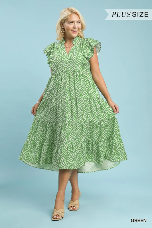 +GREEN Leaf Print Tiered Midi Dress