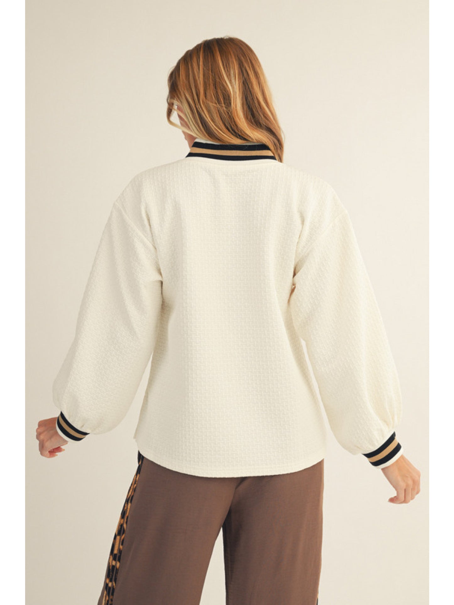 Textured Puff Sleeve Pullover, Off White