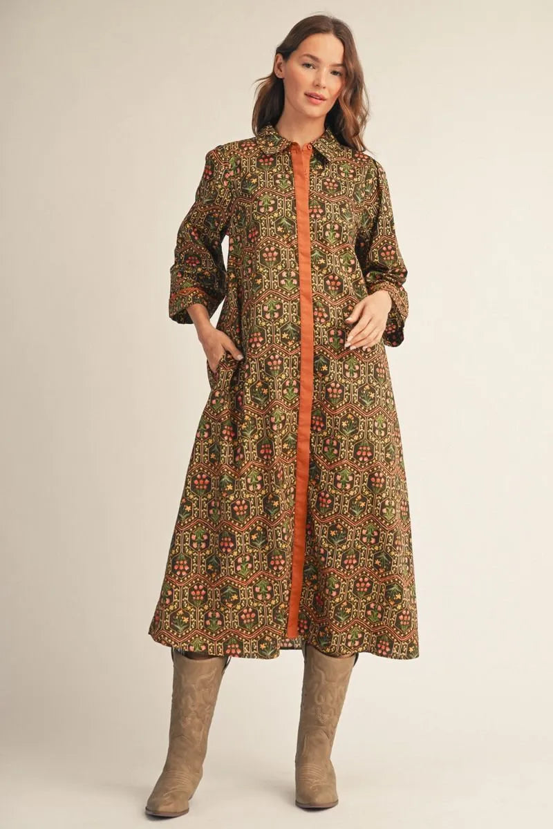 OLIVE/TOFFEE BUTTON MIDI DR