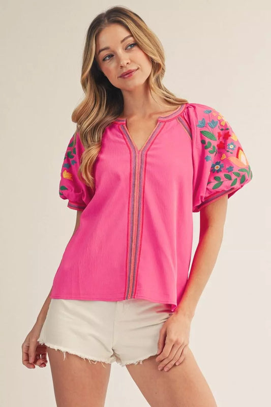 Embroidery Puff Sleeves Top, Pink