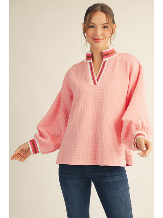 Textured Puff Sleeve Pullover, Pink