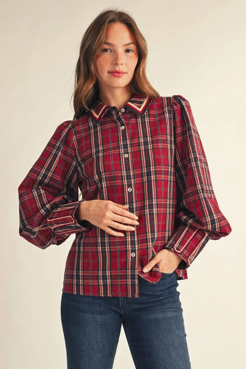 RED PLAID EMBROIDERED TOP