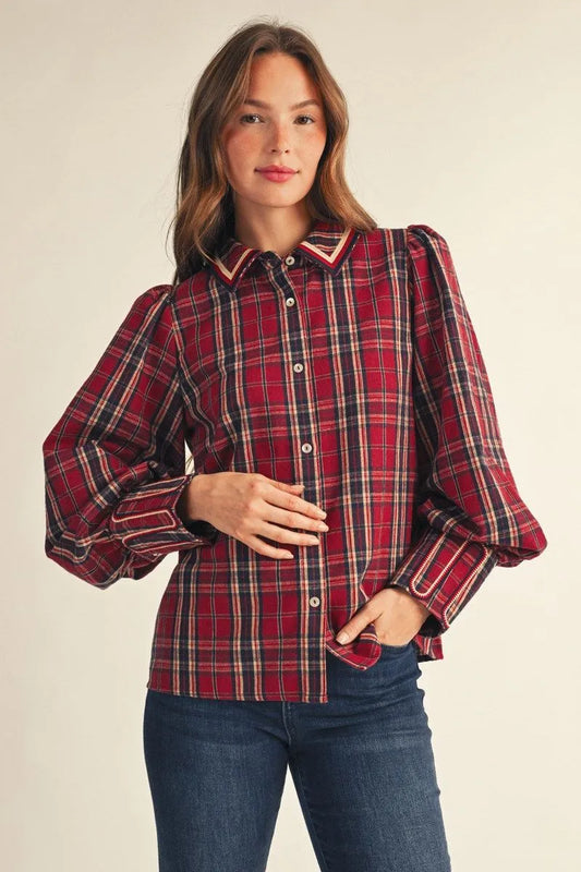 RED PLAID EMBROIDERED TOP