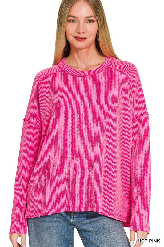 HOT PINK Rib Raw Edge Boat Neck Top