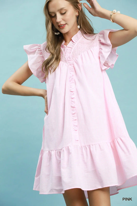 PINK Stripe Smocked Ruffle Dress