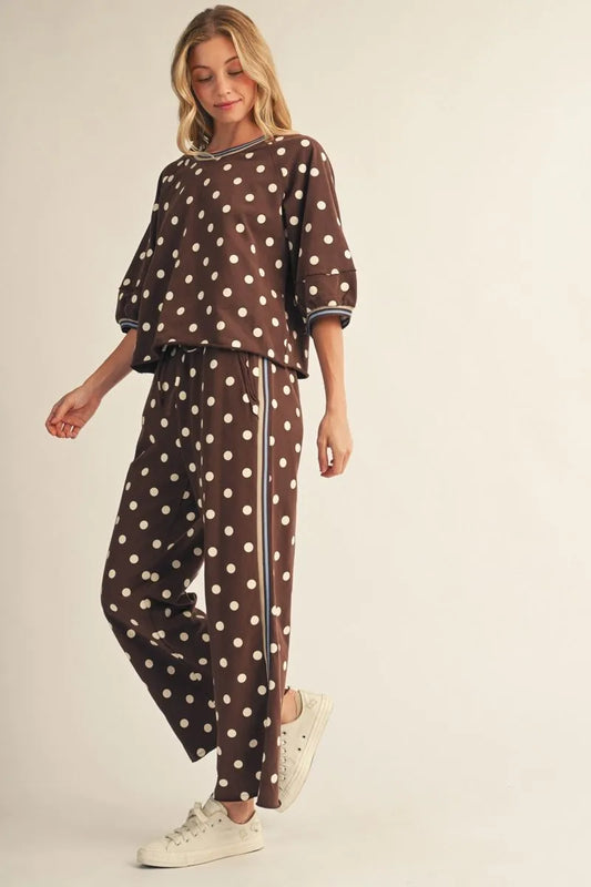 Polka dot top and drawstring waist polka dot pants set