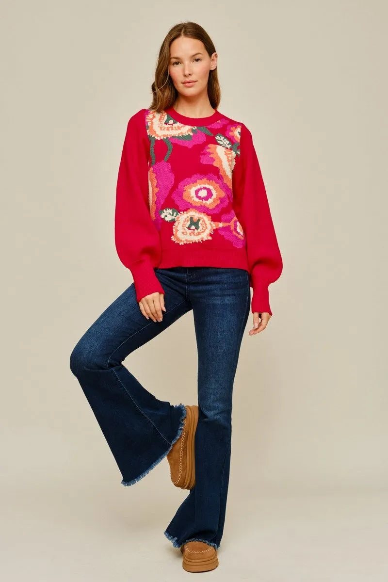 RED FLORAL SWEATER