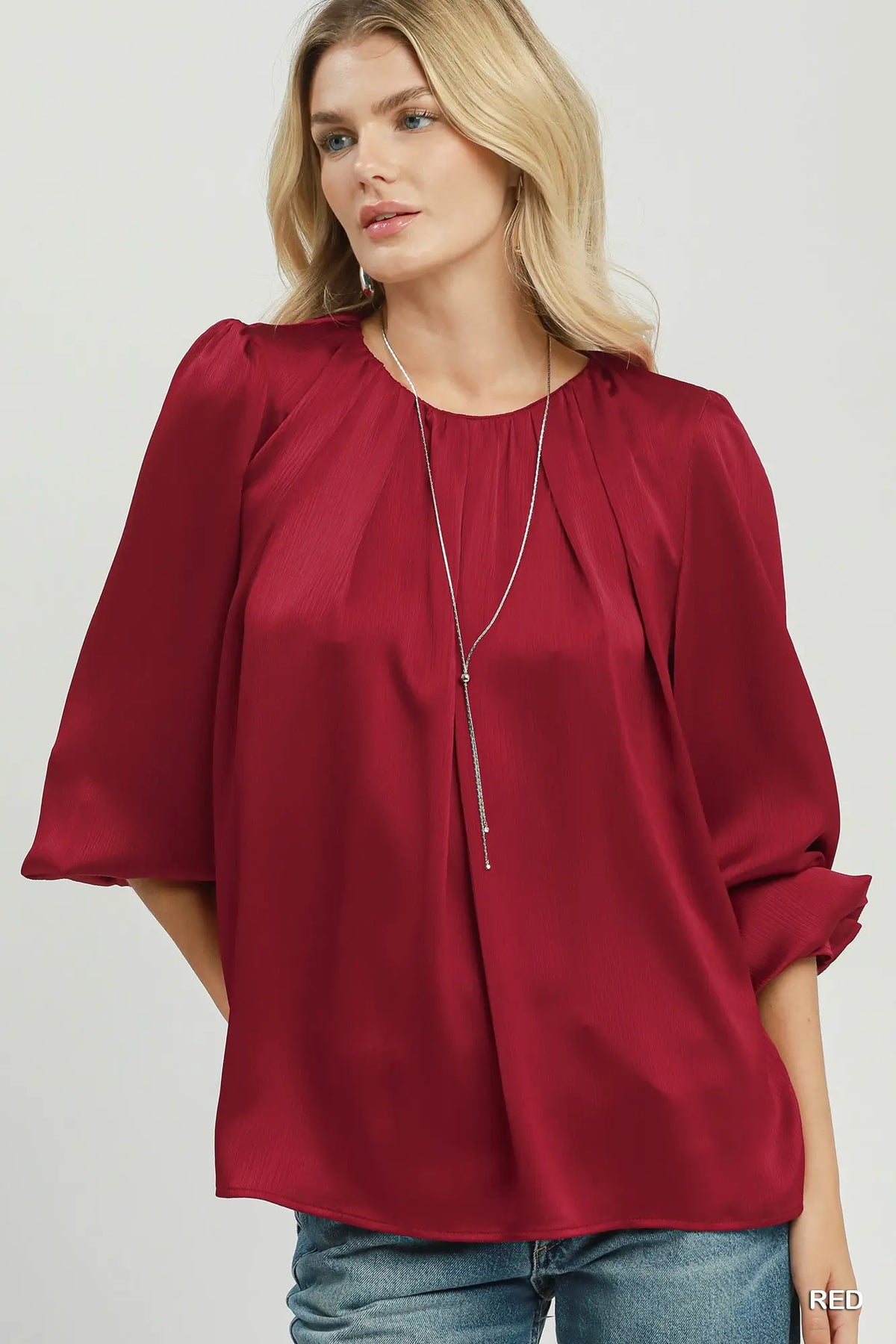 RED Pleated Balloon Sleeve TOP