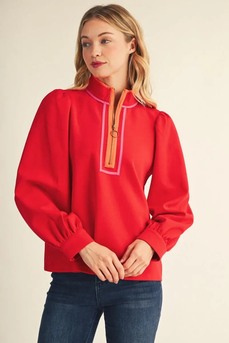 Red puff sleeves front zip up casual top