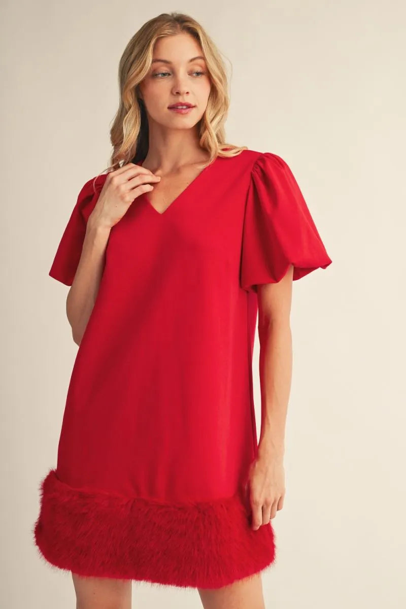 Short puff sleeve lovely dress with faux fur accent