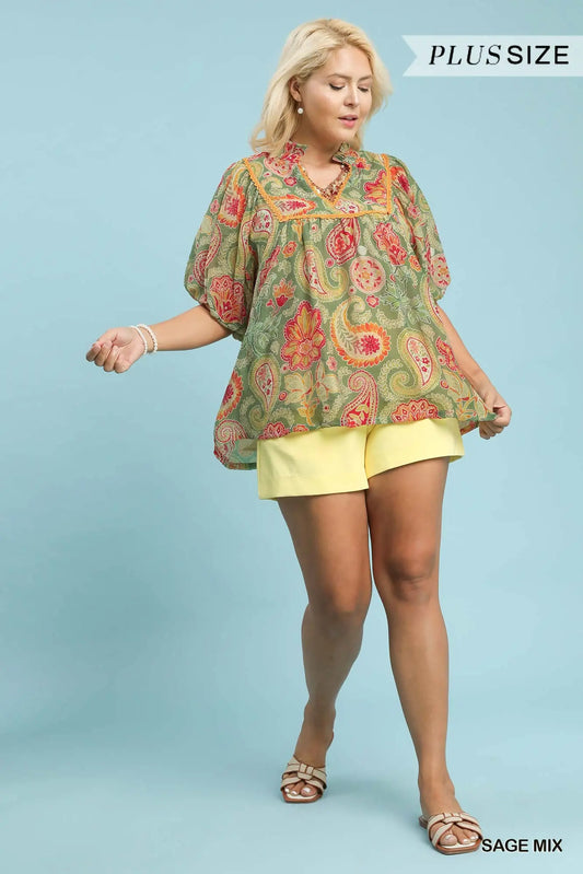 SAGE  Paisley Print Blouse w/ Puff Sleeves