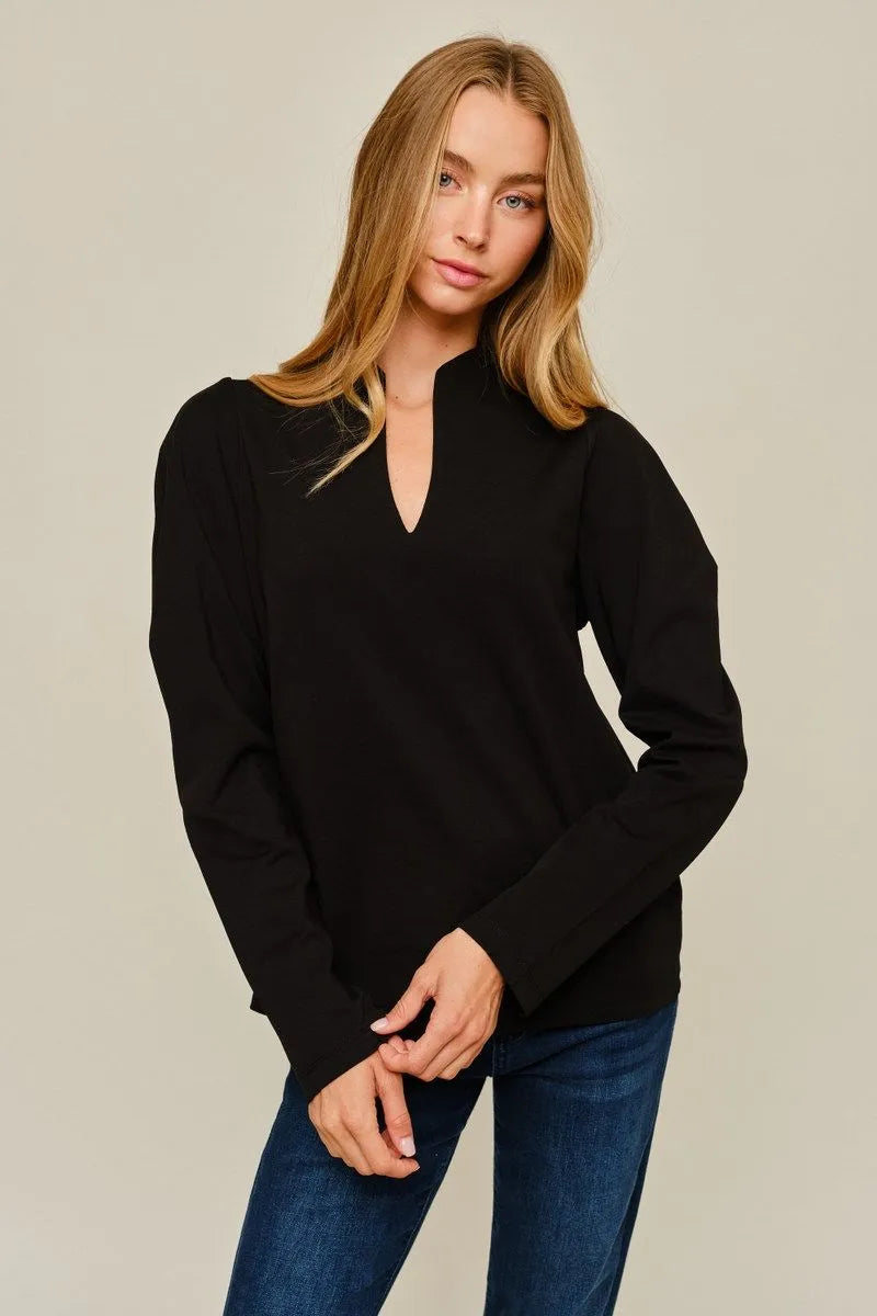 Shoulder puff detail long sleeves slit neck