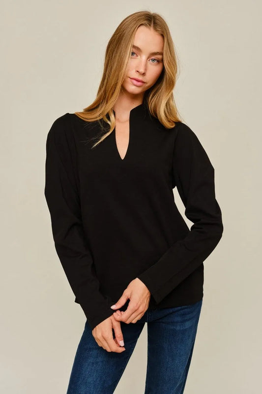Shoulder puff detail long sleeves slit neck