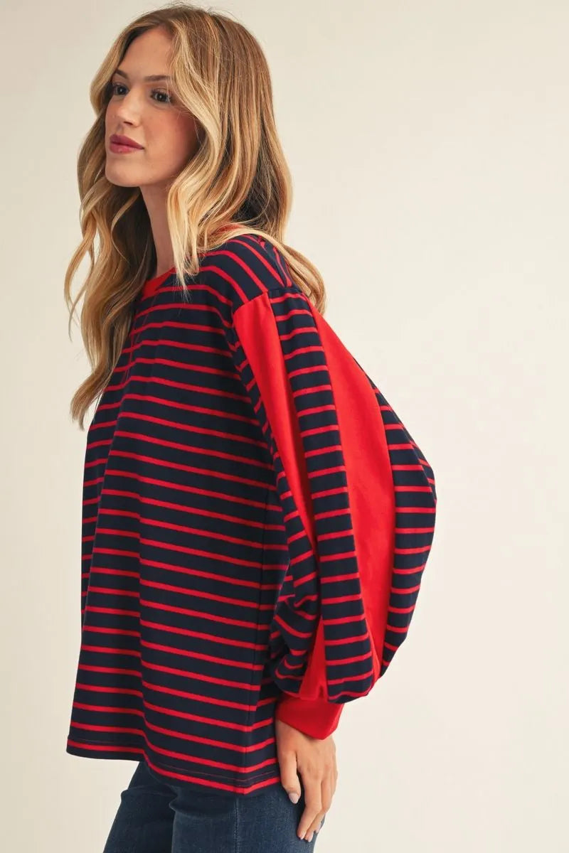Puff sleeves stripe top with solid contrast