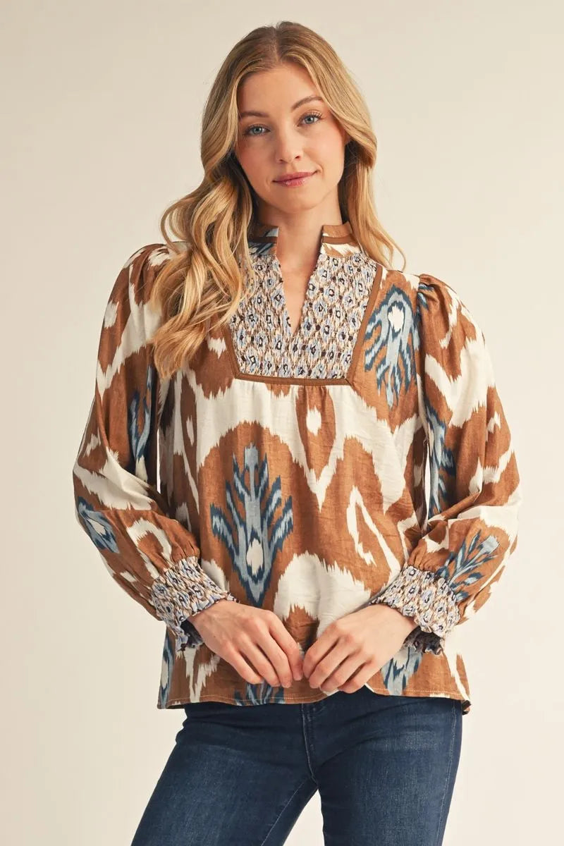 TAUPE ABSTRACT SMOCK TOP
