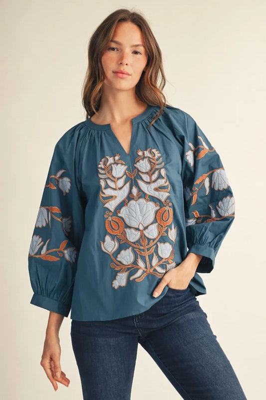 TEAL EMBROIDERED BAROQUE TOP