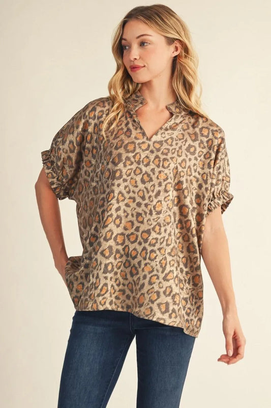 Taupe drop shoulder metallic leopard top.
