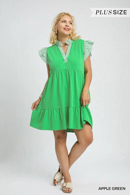GREEN Ruffle Sleeve Tiered Mini Dress