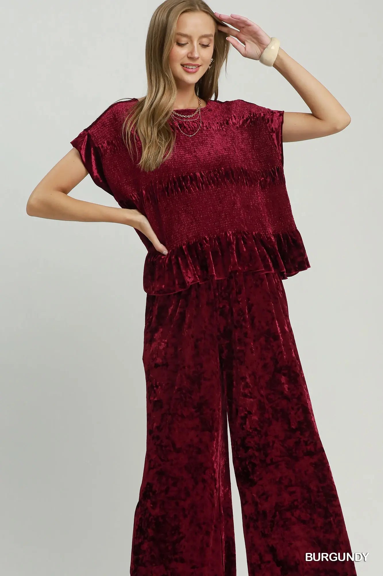 Velvet Ruffle Hem Smocked SET