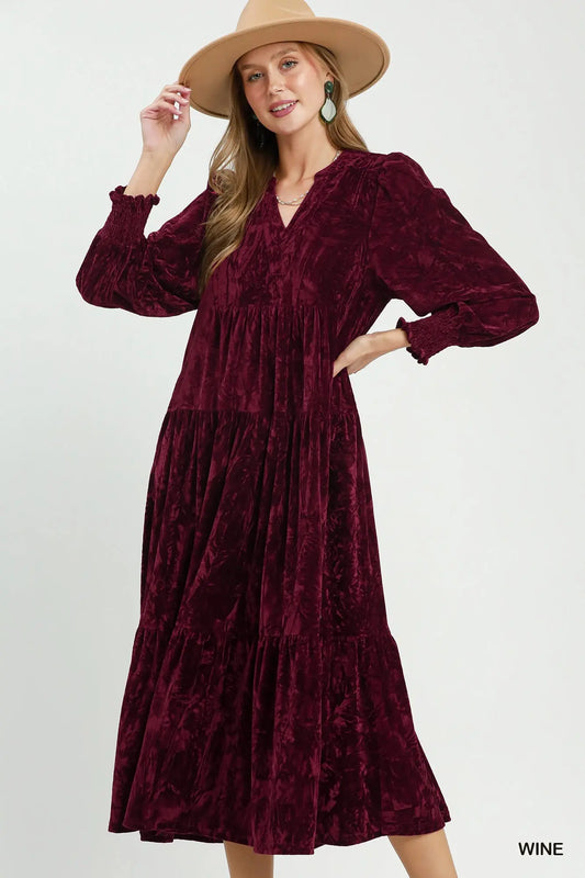 WINE Velvet Tiered Midi Dr