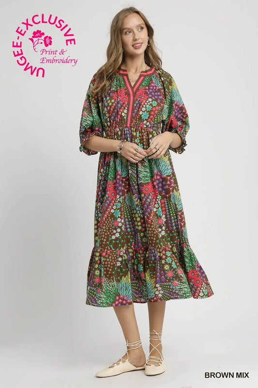 Floral Print V-Neck Midi Dress